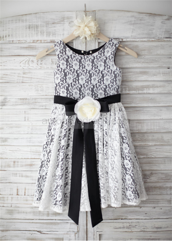 Ivory lace Black Lining Flower Sash Knee Length Flower Girl Dress